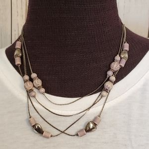 Silvertone two strand chain necklace with heart beads and embossed beads